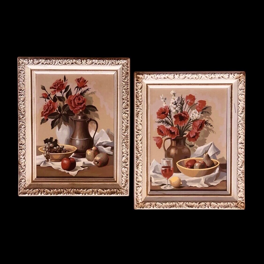 Vtg 60s Mid Century Paint By Number Paintings Still Life Fruit Wine Flowers